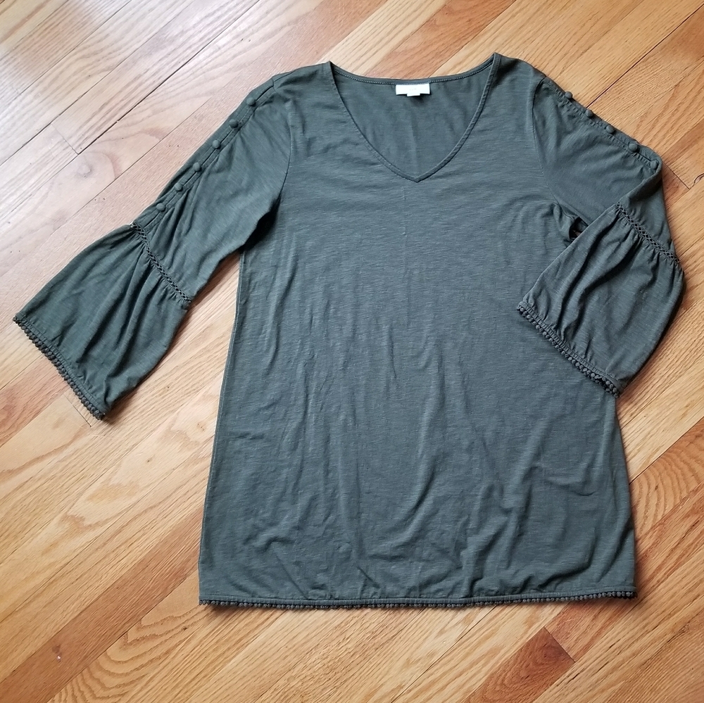 J Jill Olive Crochet Detail 3/4 Sleeve Top